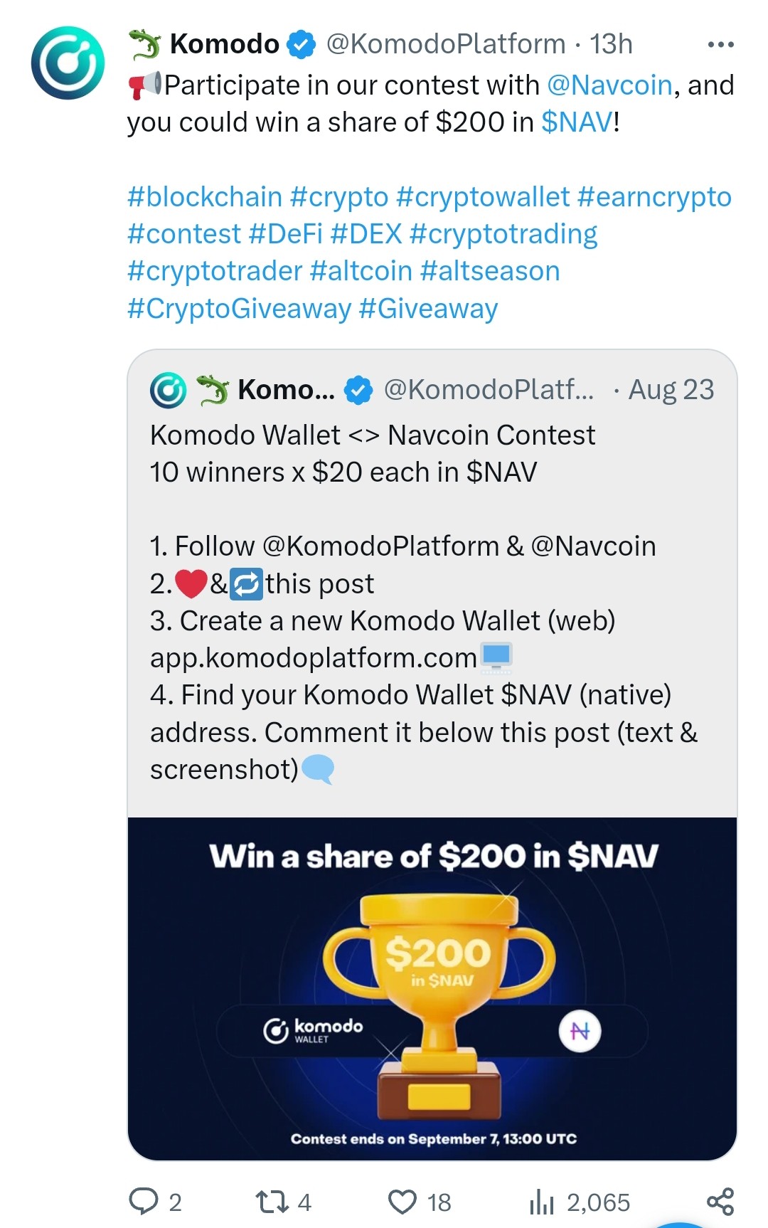 تغريدة منصة komodo حول المسابقة التي أعلنت عنها بجائزة 200 دولار مع شروط التقدم لها