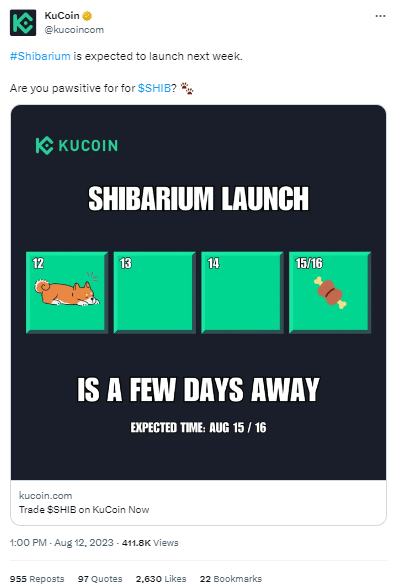 تغريدة منصة KuCoin وتوقعها بإطلاق تحديث شيبااريوم الأسبوع المقبل