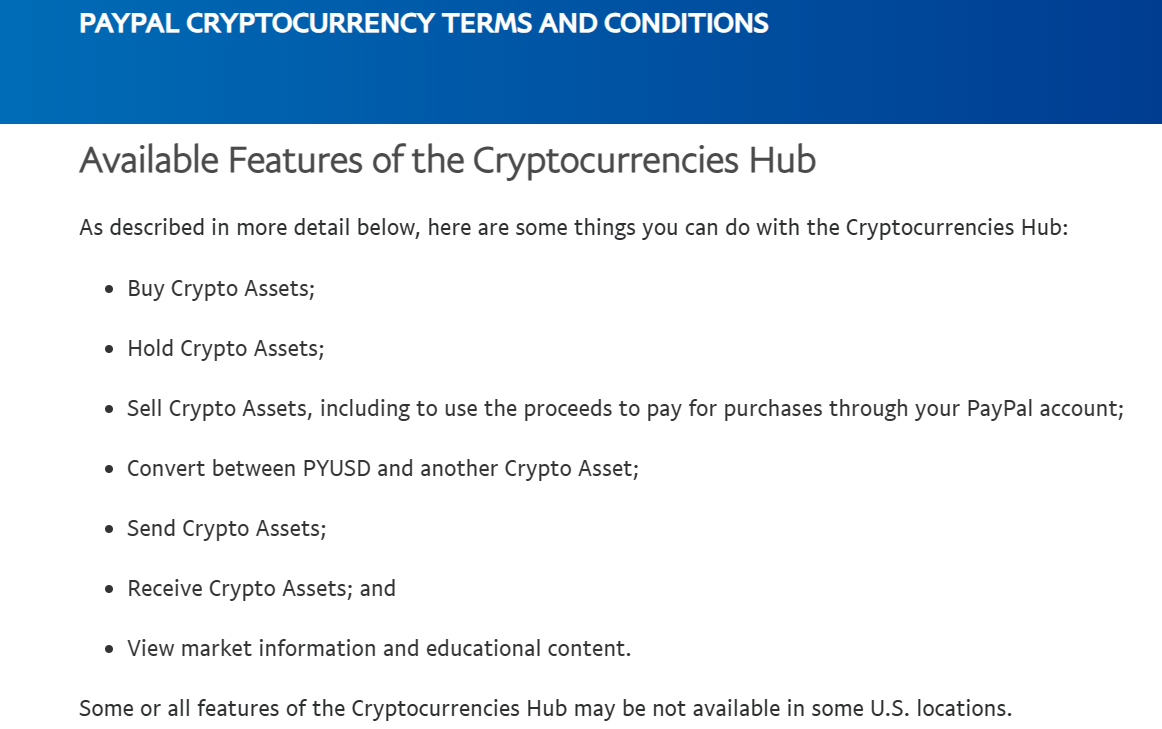 كما هو موضح في شروط وأحكام PayPal لـ Cryptocurrenies Hub