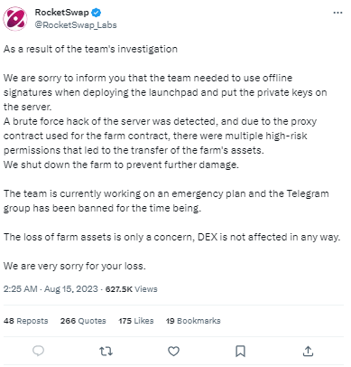 تغريدة منصة RocketSwap حول عملية الإختراق التي تعرضت لها ومجريات الحدث والإجراءات التي قامت بها