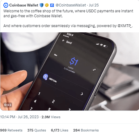 تغريدة CoinbaseWallet والإعلان عن مقهى يقبل الدفع بعملة USDC وبدون رسوم معاملات