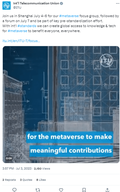 تغريدة ITU التابعة للأمم المتحدة حول مقترحات الصين لتطبيق قوانين جديدة على مستخدمي ميتافيرس