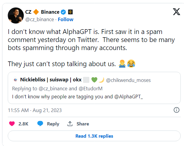 رئيس بينانس ينفي الارتباط بمشروع AlphaGPT