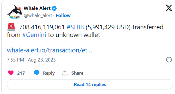 خدمة Whale Alert، التي تتتبع حركة الأموال الكبيرة في سوق العملات الرقمية