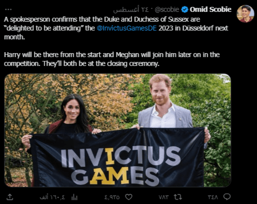 أوميد سكوبي يؤكد نية ميغان مشاركة زوجها في منافسات ألعاب Invictus 2023 القادمة