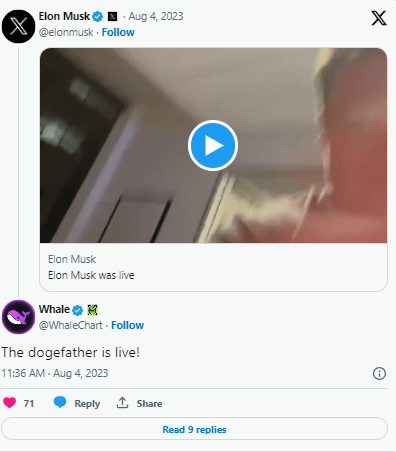 تغريدة إيلون ماسك حول ميزة تسجيل الفيديو الجديدة وتعليق حساب Whale بجملة يعيش الأب الروحي