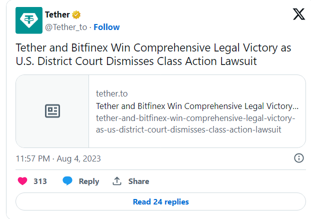 رفض الدعوى القضائية ضد Tether وBitfinex