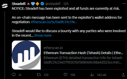 منصة Steadefi تبلغ عن تعرضها للاختراق