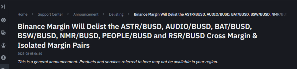 منصة بينانس تعلن عن إزالة عدد من أزواج التداول على Binance Margin