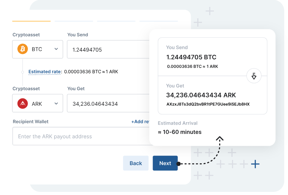 صورة توضح كيفية التحويل بين عملة ARK وعملة BTC عبر تطبيق ARKVault.