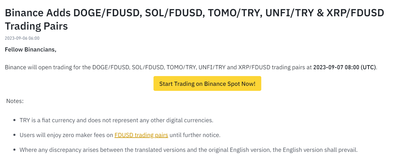 بينانس تضيف أزواج تداول شهيرة لعملة FDUSD