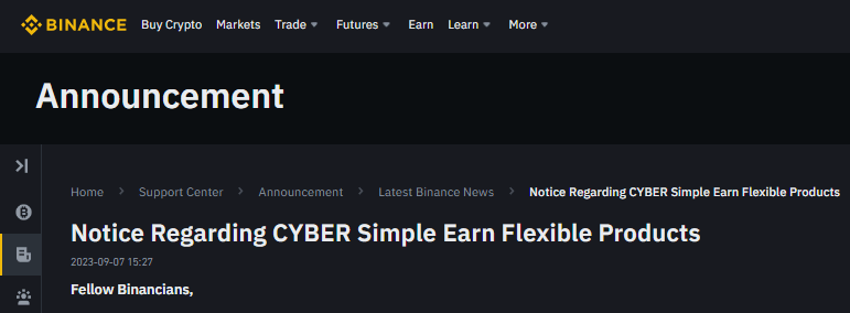 إعلان منصة بينانس عن تقديم مساعدة لعملاء عملة CYBER بسبب خسارتهم