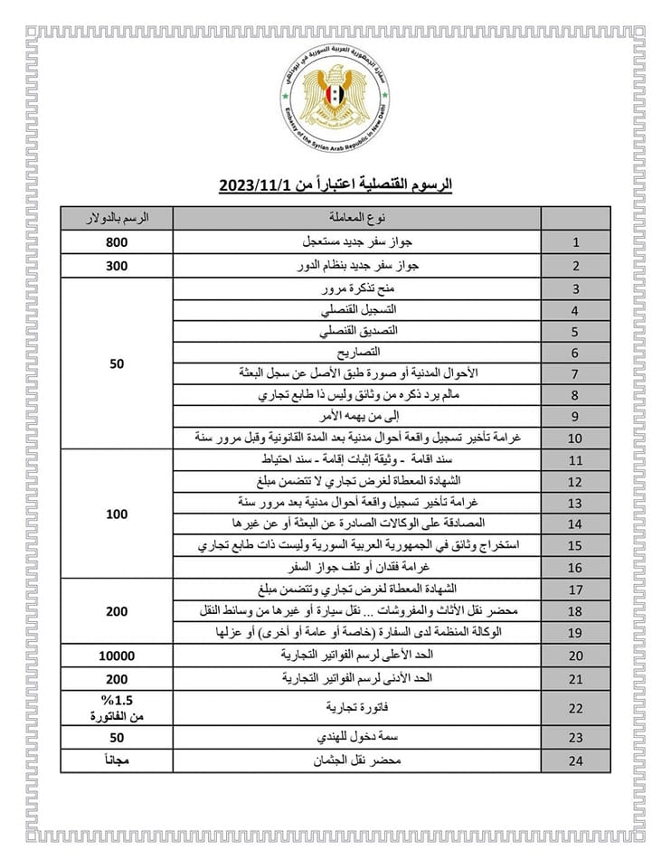  تعديل أسعار الرسوم القنصلية والسفارات السورية