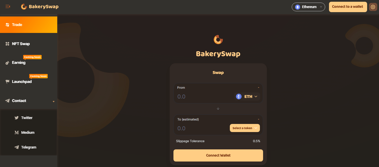 صورة واجهة الموقع الرئيسي لمنصة BakeryToken اللامركزية.