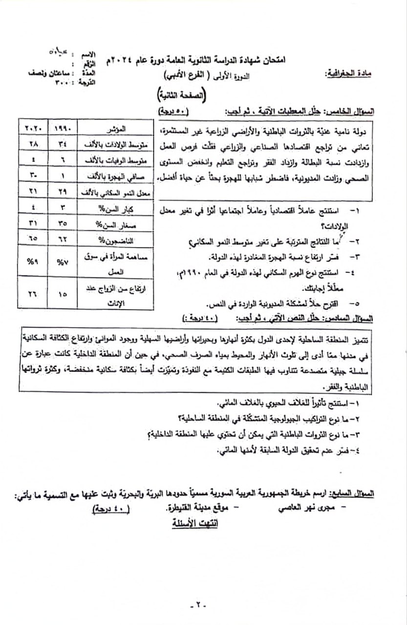 أسئلة مادة الجغرافيا بكالوريا أدبي الدورة الأولى 2024 - الصفحة الثانية